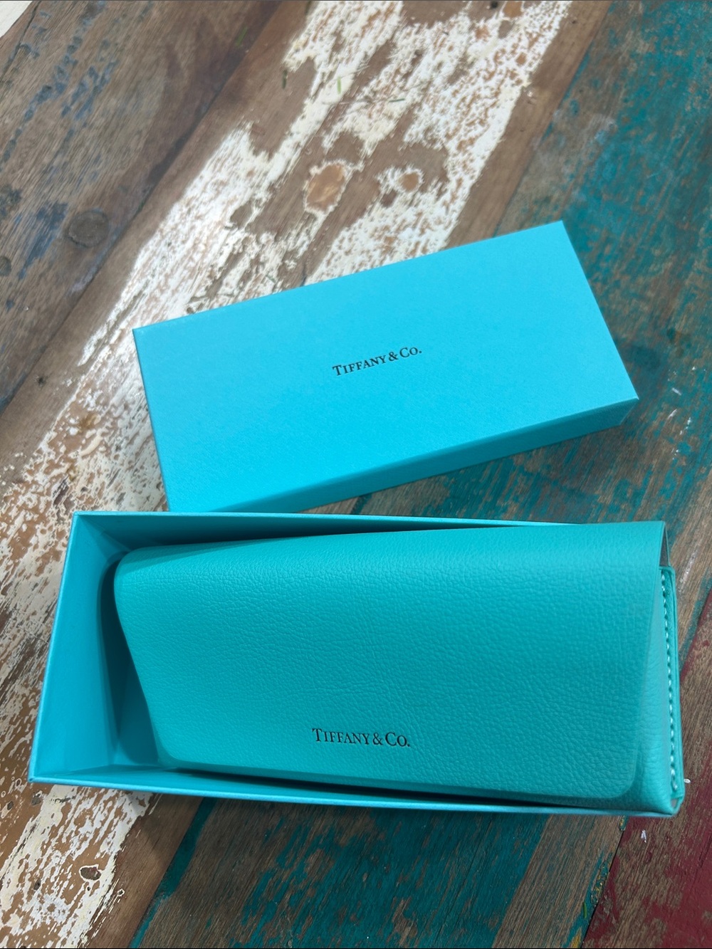 Tiffany & Co. turquoise leather eyeglass case with logo